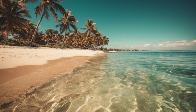 Tropische zonsondergang palmbomen golven en schoonheid gegenereerd door AI