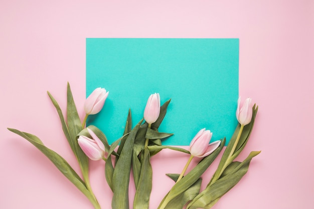 Tulpen met blanco papier op tafel