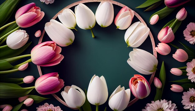 Tulpenbloesems in de lente versieren de natuur groene achtergrond gegenereerd door AI