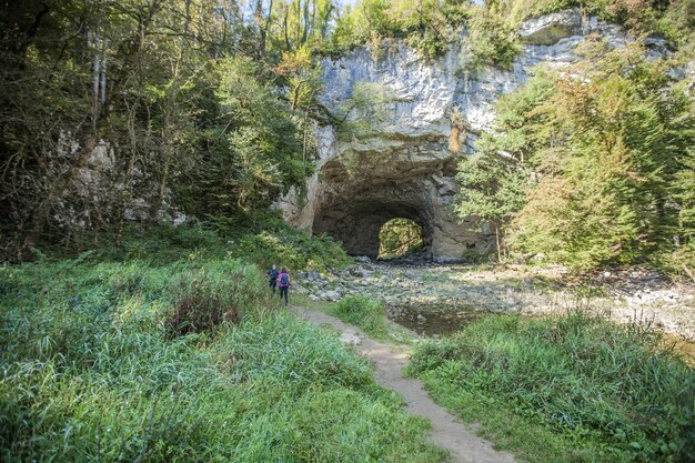 Tunnel door een rotswand in een natuurpark in Rakov Skocjan, Slovenië