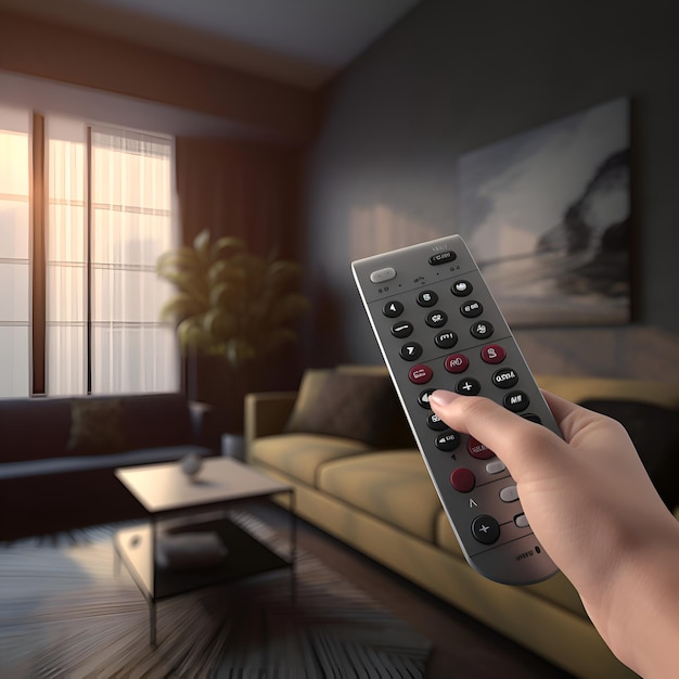 TV-afstandsbediening in de hand in de moderne woonkamer 3D-rendering