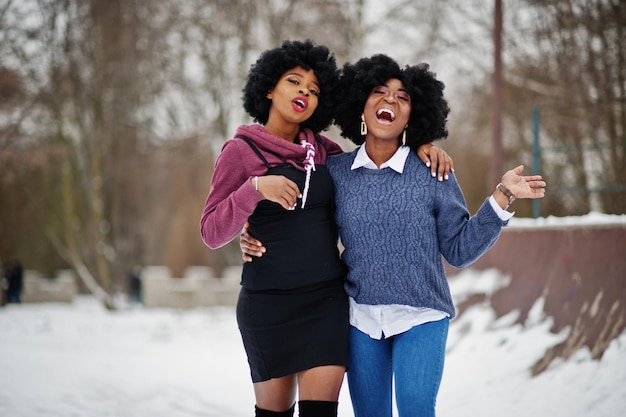 Twee Afro-Amerikaanse vrouwen met krullend haar dragen truien die op de winterdag zijn geposeerd