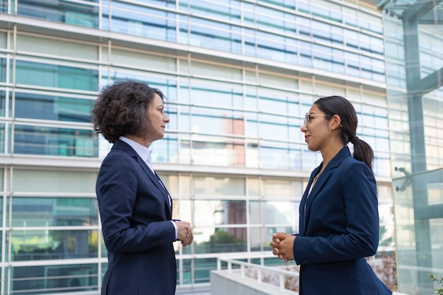 Twee bedrijfsdames die project bespreken dichtbij bureau