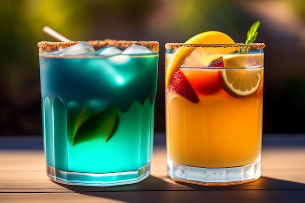 Gratis foto twee cocktails op een tafel, waarvan er één een blauwe en groene vloeistof bevat.