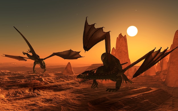 Gratis foto twee draken bij zonsondergang