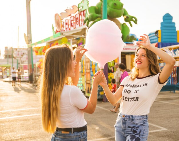 Twee gelukkige vrouwen die suikergoedzijde houden bij pretpark