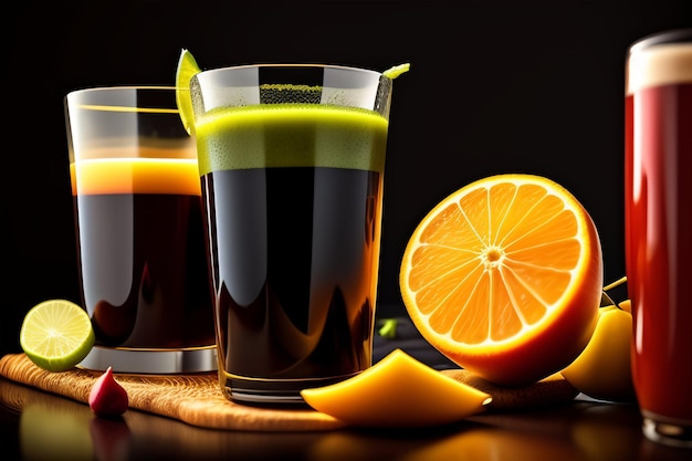 Twee glazen sinaasappelsap met een schijfje sinaasappel erbij.
