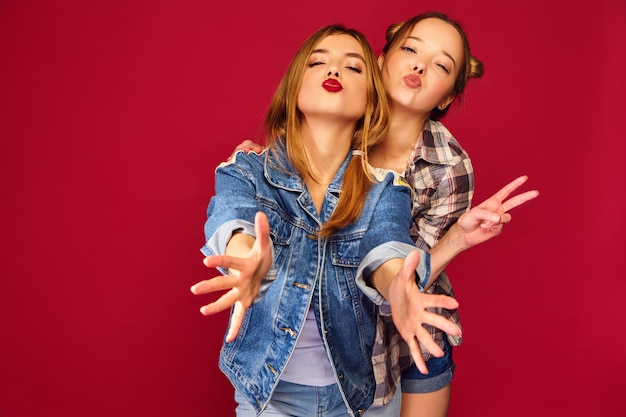 Twee jonge mooie blonde glimlachende hipster vrouwen die in trendy kleren van het de zomer geruite overhemd stellen