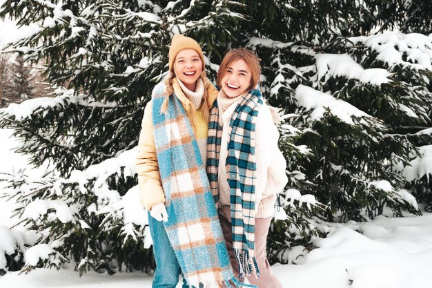 Twee jonge mooie lachende hipster vrouw in trendy warme kleding en sjaals. Zorgeloos vrouwen poseren in de straat in het park. Positieve pure modellen die plezier hebben in de sneeuw. Genieten van winterse momenten. kerst concept