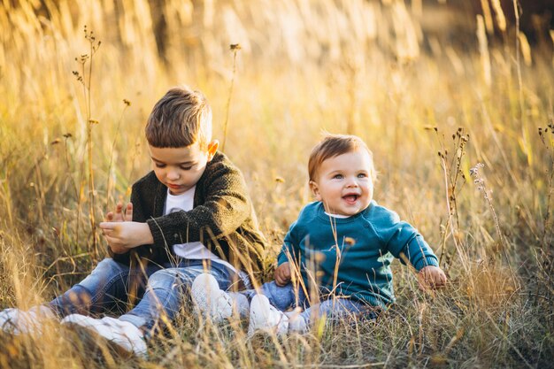 Twee kleine baby broers zitten samen in veld