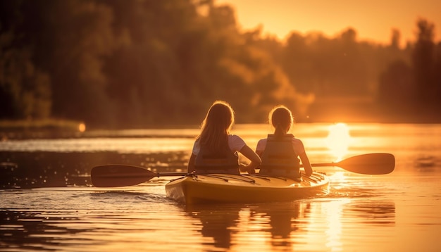 Gratis foto twee lachende mensen peddelen kano bij zonsondergang gegenereerd door ai