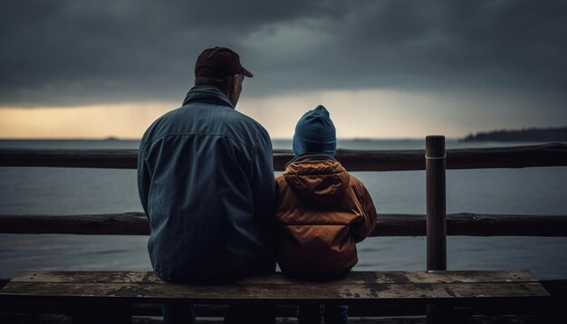 Twee mannelijke volwassenen zitten met een jonge zoon die elkaar omhelst, gegenereerd door AI