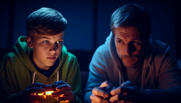 Gratis foto twee mannen hechten zich binnenshuis aan het spelen van videogames die zijn gegenereerd door ai