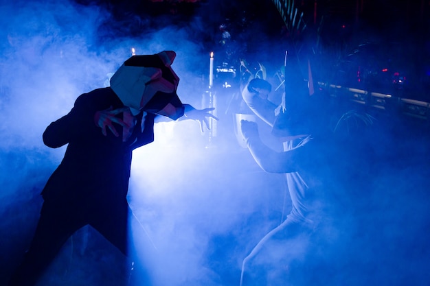 Twee mannen met dierenmaskers poseren op het feest in de club