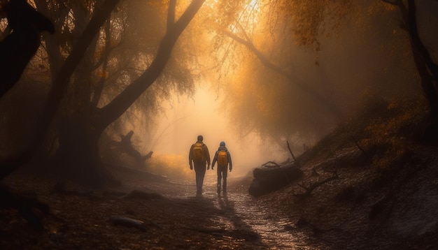 Gratis foto twee mannen wandelen in mistig herfstbos gegenereerd door ai