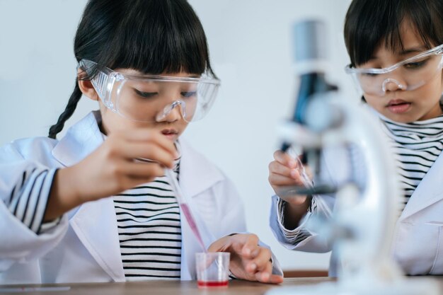 Twee meisjes doen wetenschappelijke experimenten in een lab. Selectieve aandacht.