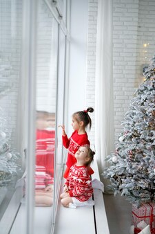 Twee meisjes in rode kersttruien op de vensterbank bij een enorm raam kijken omhoog