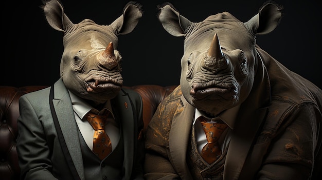 Twee neushoorns in een pak en stropdas Studio opname