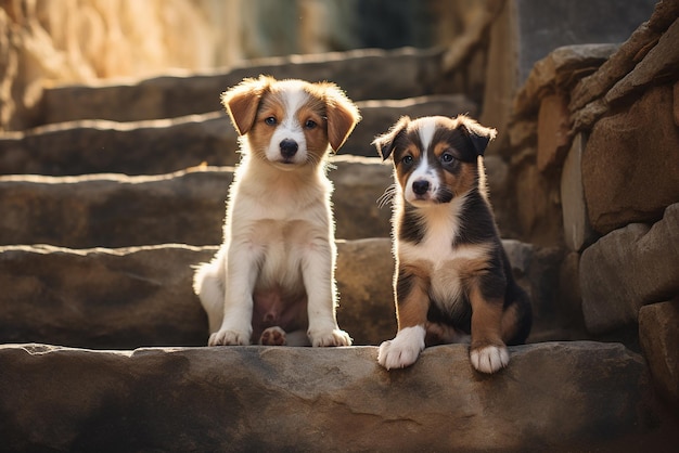 Gratis foto twee puppy's op een stenen trap