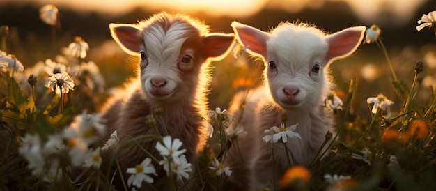 Gratis foto twee schattige kleine babygeiten op een zomerweide bij zonsondergang