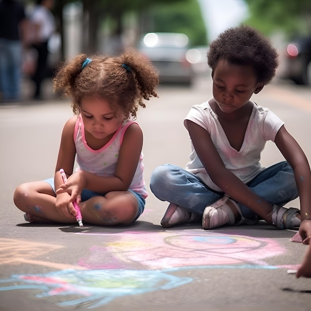 Gratis foto twee schattige kleine meisjes tekenen met kleurrijke krijt op asfalt in de stad