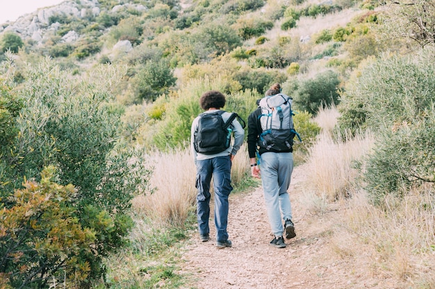 Gratis foto twee vrienden die samen wandelen