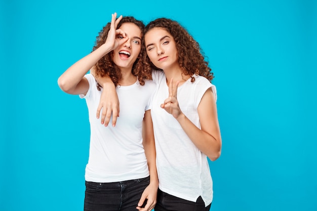 Twee vrolijke jonge vrouwentweelingen die over blauw stellen.