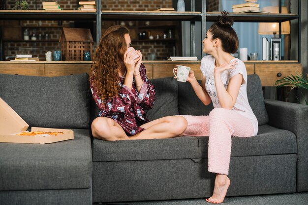 Twee vrouwelijke vrienden die koffie thuis drinken