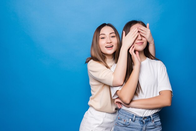 Twee vrouwen een verbergen ogen kijken niet raden wie casual t-shirts geïsoleerde blauwe muur dragen