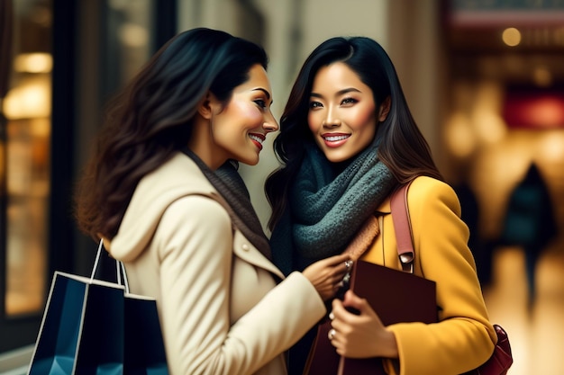 Twee vrouwen lopen door een winkelstraat, een van hen draagt een gele jas