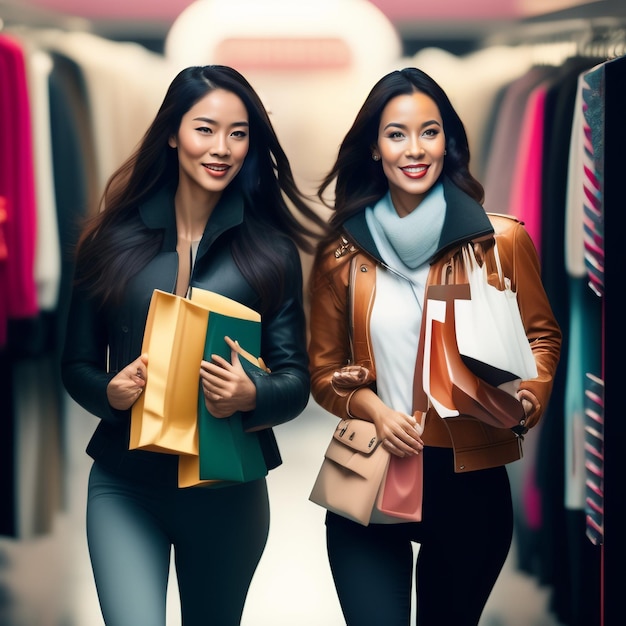 Twee vrouwen lopen in een winkel, een van hen draagt een leren jack.