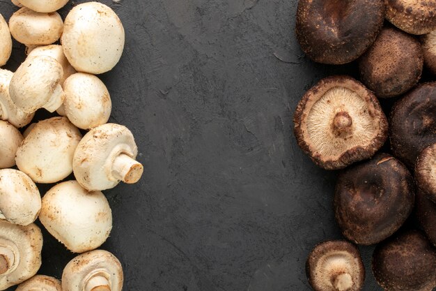Tweekleurige paddestoelen rijp verse witte en donkere paddestoelen geïsoleerd op grijze vloer