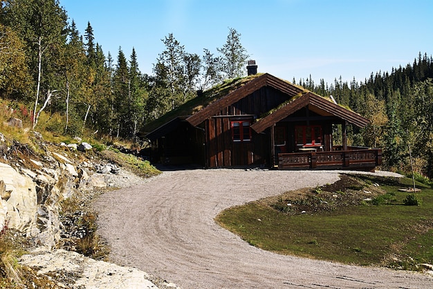 Gratis foto typisch noors landelijk huisje met adembenemend landschap en prachtig groen in noorwegen