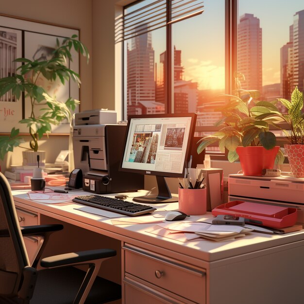 Uitbeelding van een 3D-persoonscomputer met werkstation en kantoorartikelen