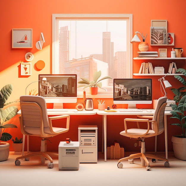 Uitbeelding van een 3D-persoonscomputer met werkstation en kantoorartikelen