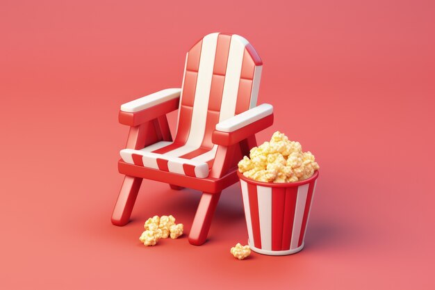 Uitzicht op 3d gazon stoel met popcorn