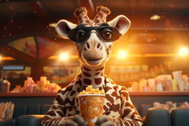 Uitzicht op 3d giraffe in de bioscoop die een film kijkt