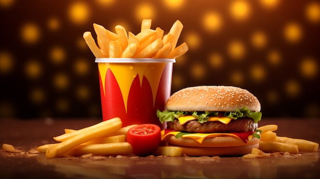 Uitzicht op 3D-hamburgermaaltijd met frietjes
