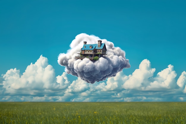 Uitzicht op 3d-huis met wolken