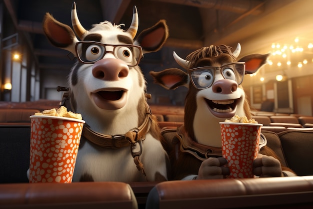 Uitzicht op 3d-koeien in de bioscoop die een film kijken