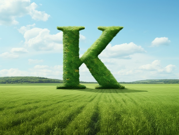 Uitzicht op 3d letter k met gras in het veld