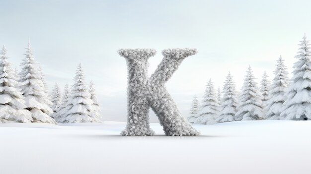 Uitzicht op 3d letter k met sneeuw en bomen