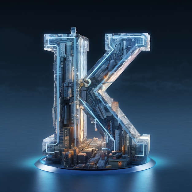 Uitzicht op 3d letter k met stad en nacht