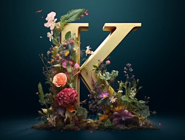 Uitzicht op 3d letter k met vegetatie en bloemen