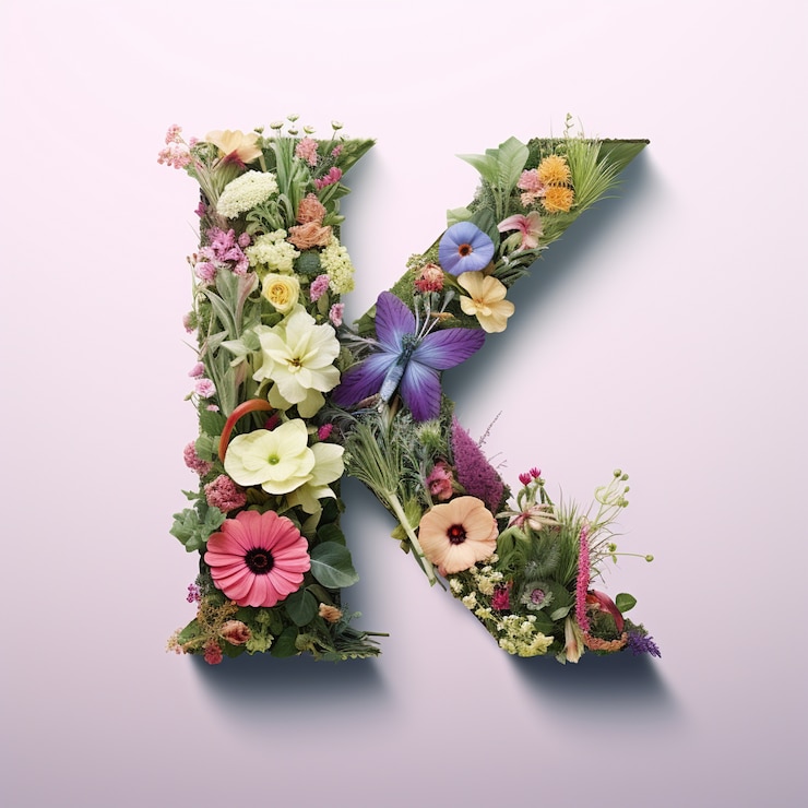 Gratis Foto uitzicht op 3d letter k met vegetatie en bloemen