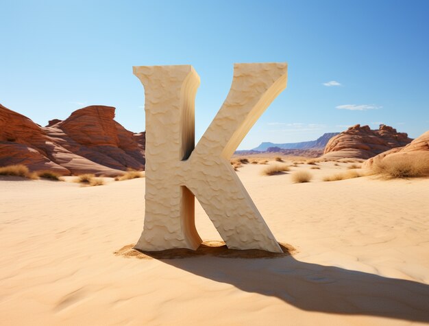 Uitzicht op 3d letter k met woestijnlandschap