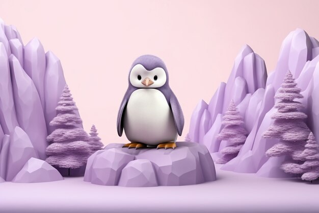 Uitzicht op 3d-pinguïnvogel met natuurlandschap