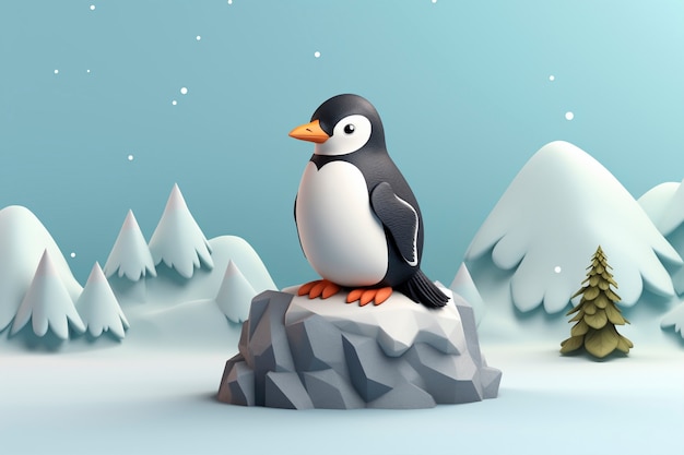 Uitzicht op 3d-pinguïnvogel met natuurlandschap