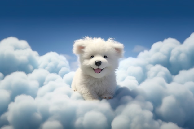 Uitzicht op 3d schattige hond met pluizige wolken