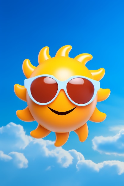 Gratis foto uitzicht op 3d-smiley en gelukkige zon met hemelachtergrond